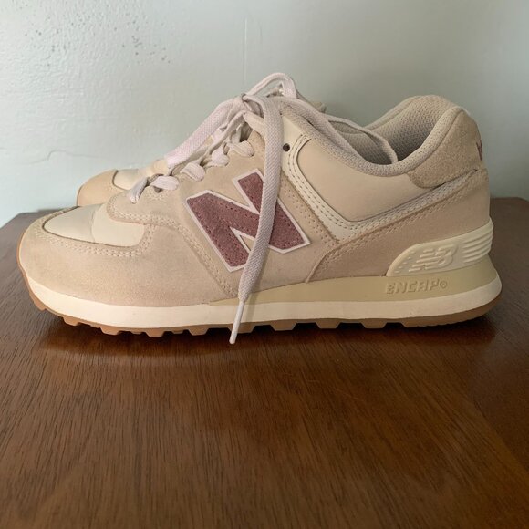 New Balance #574 Sneakers Color: Linen with Light Purple/Mauve - Picture 1 of 6